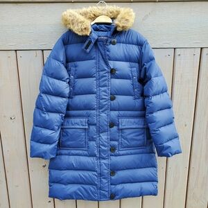 Lands' End Women's Down Puffer Parka Jacket Sz LG (14-16) Blue EUC Faux Fur